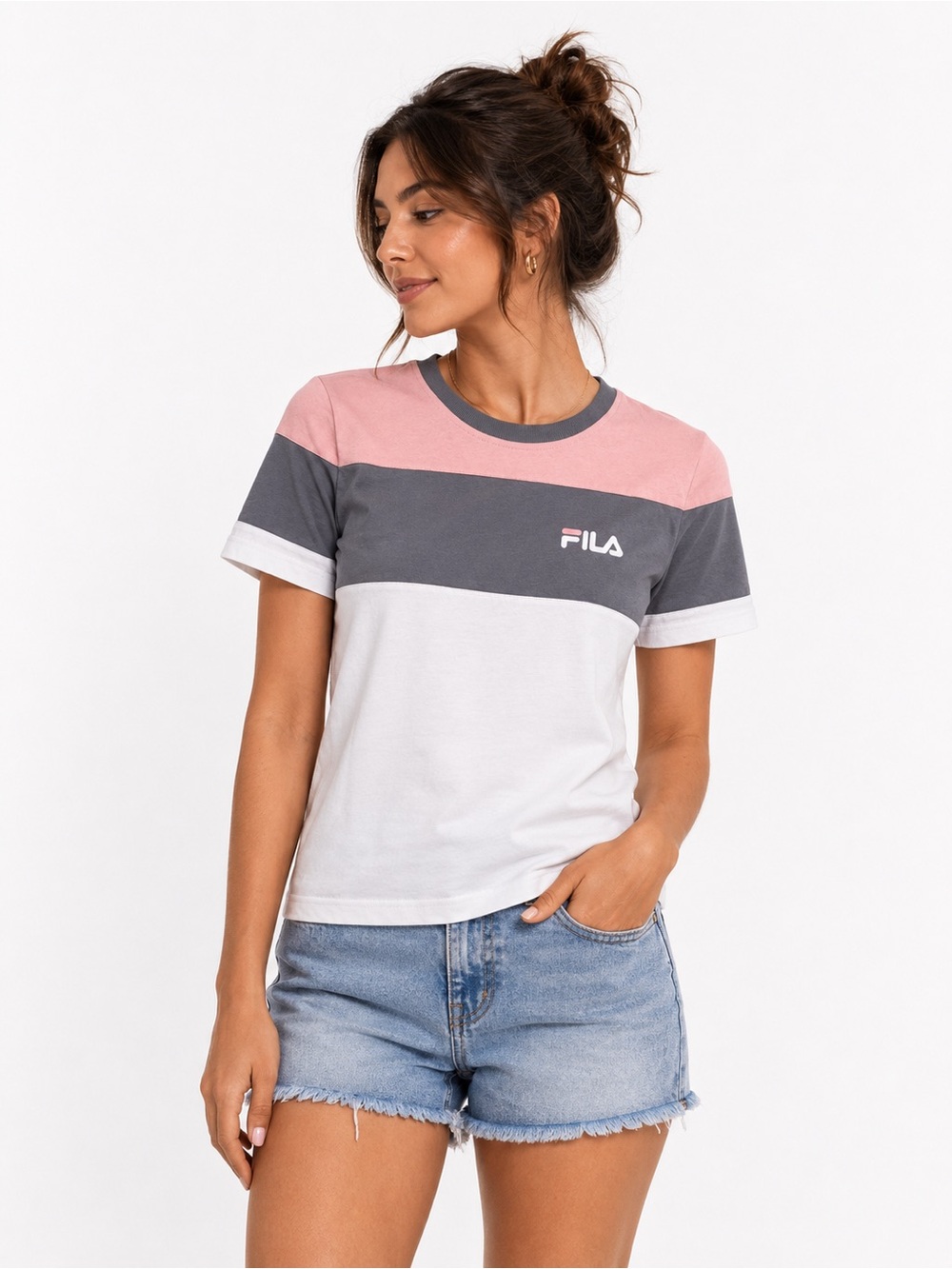 FILA Women's Pink, Gray & White Colorblock Crew Tee